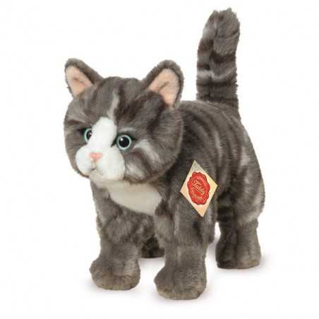 Teddy Hermann, grau getigerte stehende Katze, Plüschtier 20 cm