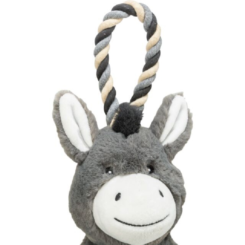 Grand jouet peluche âne pour chien Trixie 66 cm bi-matière en polyester et corde de coton avec effet sonore intégré