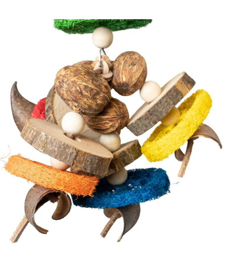 Loro de juguete que busca comida colgando nueces en el zoológico