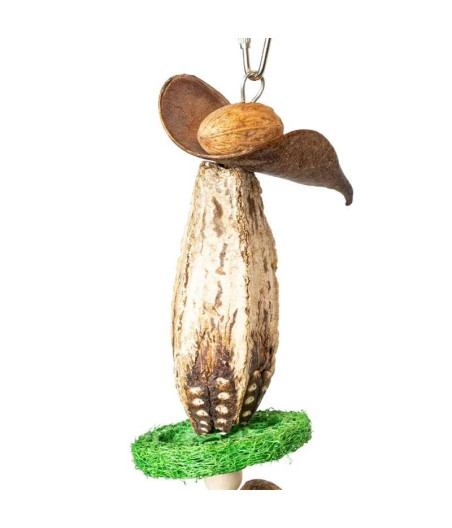 Loro de juguete que busca comida colgando nueces en el zoológico
