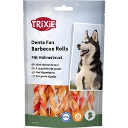 Bâtonnets à mâcher Barbecue Rolls Trixie en cuir brut enveloppé de poitrine de poulet 12 cm pour l'hygiène dentaire du chient