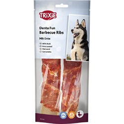 Lot de 2 Barbecue Ribs Trixie à mâcher en cuir brut enveloppé de viande de canard 17 cm pour l'hygiène dentaire du chien
