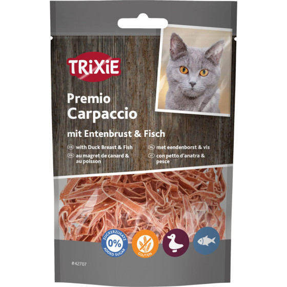 Sachet 20g de friandises carpaccio Trixie pour chat en fines tranches au canard 65% et poisson 20% riches en protéines