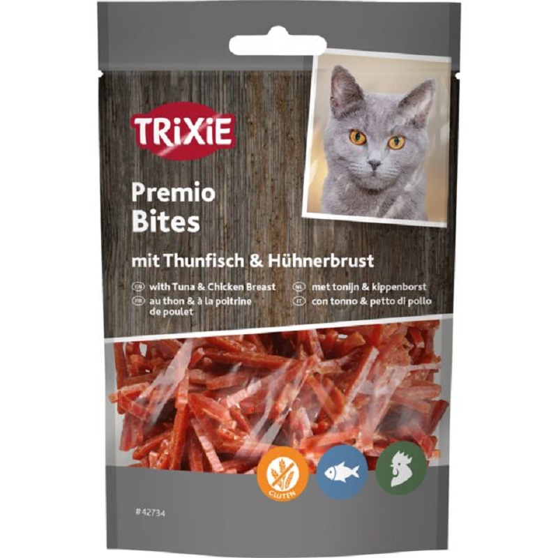Sachet 50g de friandises Premio Bites Trixie pour chat en bouchées tendres riches à 75% de thon et poulet sans gluten