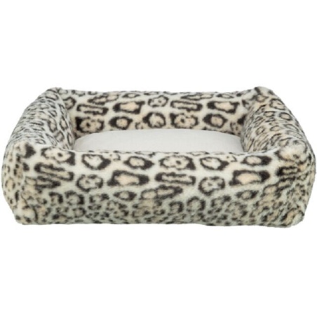 Cama rectangular Trixie Leo en suave felpa color crema con estampado de leopardo.