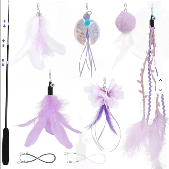 Set canna da pesca per gatti SONGWAY + 6 ricariche con piume e pon-pon
