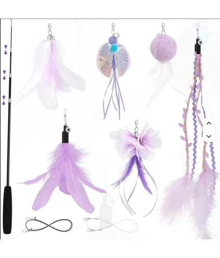 Juego de caña de pescar para gatos SONGWAY con 6 recambios de plumas y pompones.