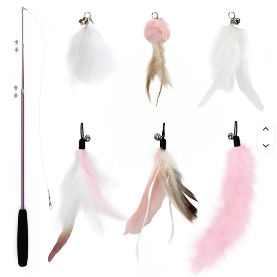 Lot Canne à Pêche rose Chat SONGWAY + 6 Recharges Plumes & Pompons
