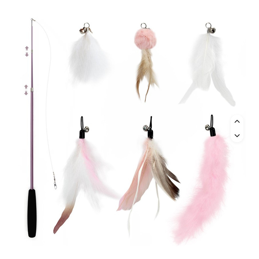 Lot Canne à Pêche rose Chat SONGWAY + 6 Recharges Plumes & Pompons