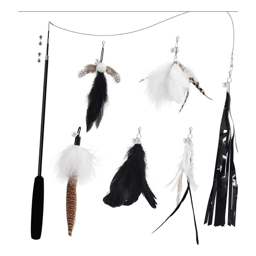 Set de caña de pescar para gatos SONGWAY + 6 recambios de plumas y pompones