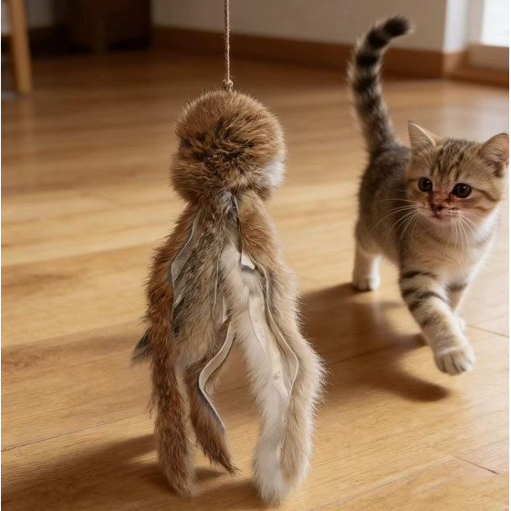 Jouet pour chat en forme de pieuvre avec tête en fourrure de lapin