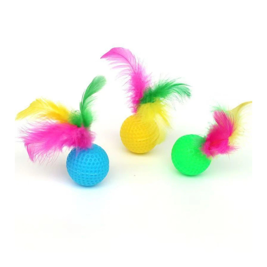 Jouet interactif balle colorée en plastique léger avec véritable plume et grelot intégré pour chat diamètre 3,8 cm