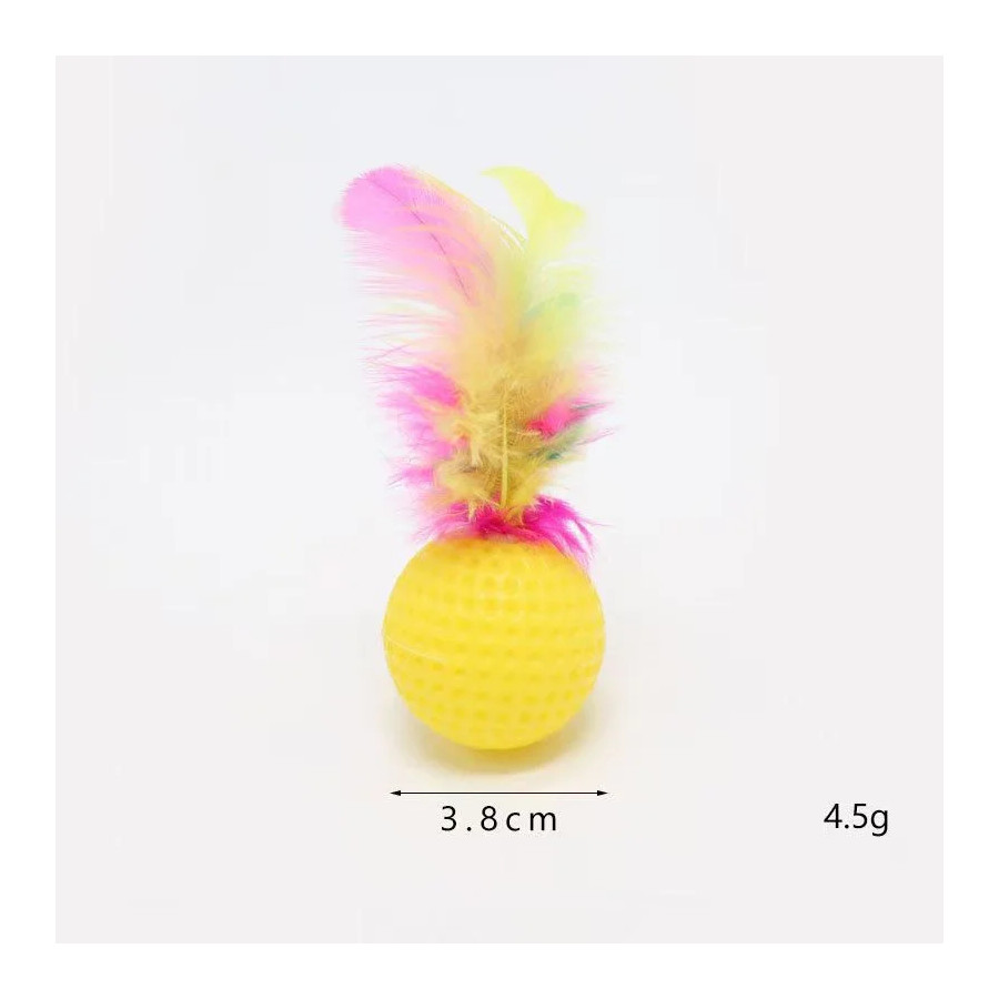 Jouet interactif balle colorée en plastique léger avec véritable plume et grelot intégré pour chat diamètre 3,8 cm