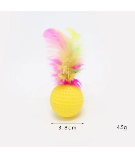 Jouet interactif balle colorée en plastique léger avec véritable plume et grelot intégré pour chat diamètre 3,8 cm