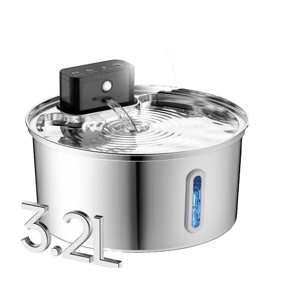 Fontaine à eau intelligente sans fil en acier inoxydable 3,2L pour chien et chat avec détecteur de mouvement 3m