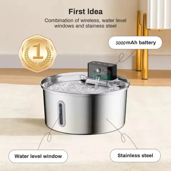 Fontaine à eau intelligente sans fil en acier inoxydable 3,2L pour chien et chat avec détecteur de mouvement 3m