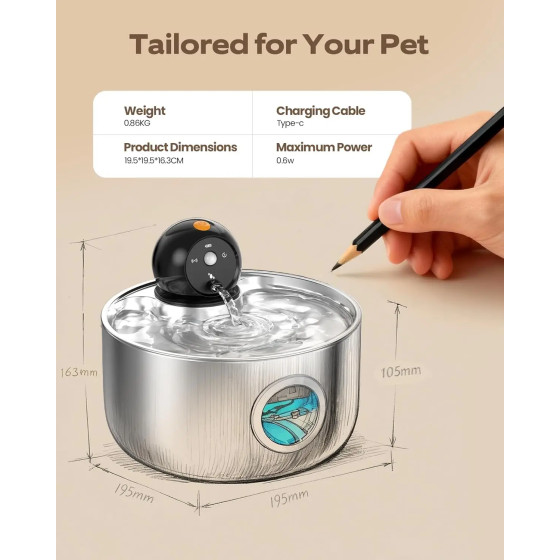 Fontaine à eau sans fil 2,6L en acier inoxydable pour chat et chien avec détecteur de mouvement, 3 modes et pompe silencieuse