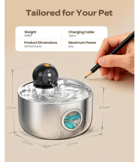 Fontaine à eau sans fil 2,6L en acier inoxydable pour chat et chien avec détecteur de mouvement, 3 modes et pompe silencieuse