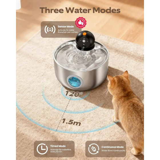 Fontaine à eau sans fil 2,6L en acier inoxydable pour chat et chien avec détecteur de mouvement, 3 modes et pompe silencieuse