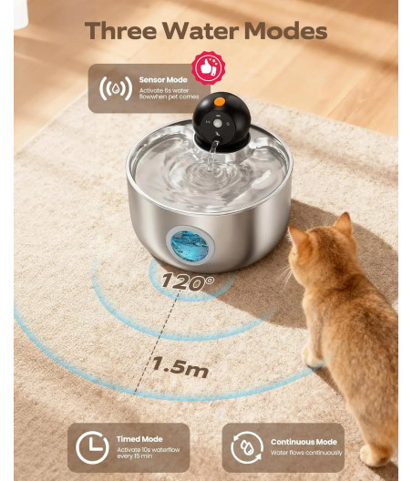 Fontaine à eau sans fil 2,6L en acier inoxydable pour chat et chien avec détecteur de mouvement, 3 modes et pompe silencieuse