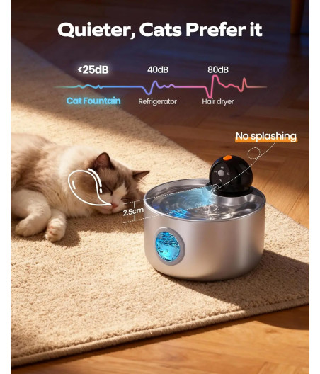 Fontaine à eau sans fil 2,6L en acier inoxydable pour chat et chien avec détecteur de mouvement, 3 modes et pompe silencieuse