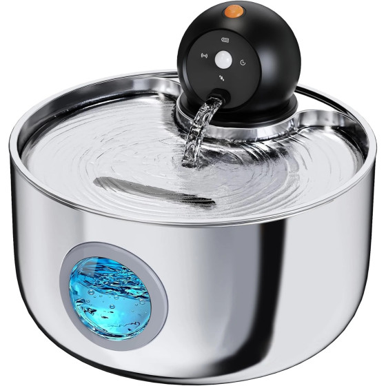 Fontaine à eau sans fil 2,6L en acier inoxydable pour chat et chien avec détecteur de mouvement, 3 modes et pompe silencieuse