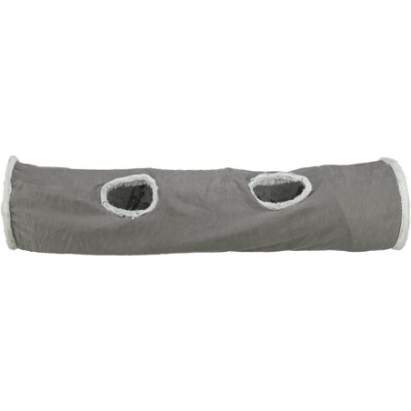 Tunnel de jeu gris Harvey Trixie pour chat (116 cm) avec 4 entrées, revêtement en peluche douce et balles suspendues