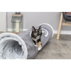 Tunnel de jeu gris Harvey Trixie pour chat (116 cm) avec 4 entrées, revêtement en peluche douce et balles suspendues