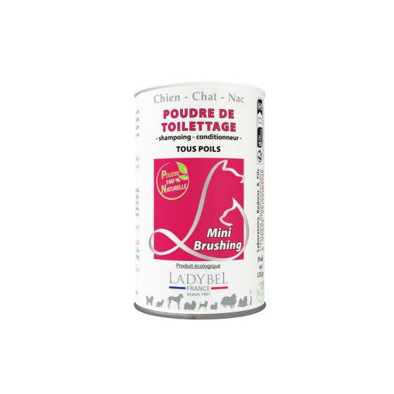 Shampoing sec en poudre Brushing Powder Ladybel en pot saupoudreur 120g pour chat et chien, nettoie et donne du volume sans eau