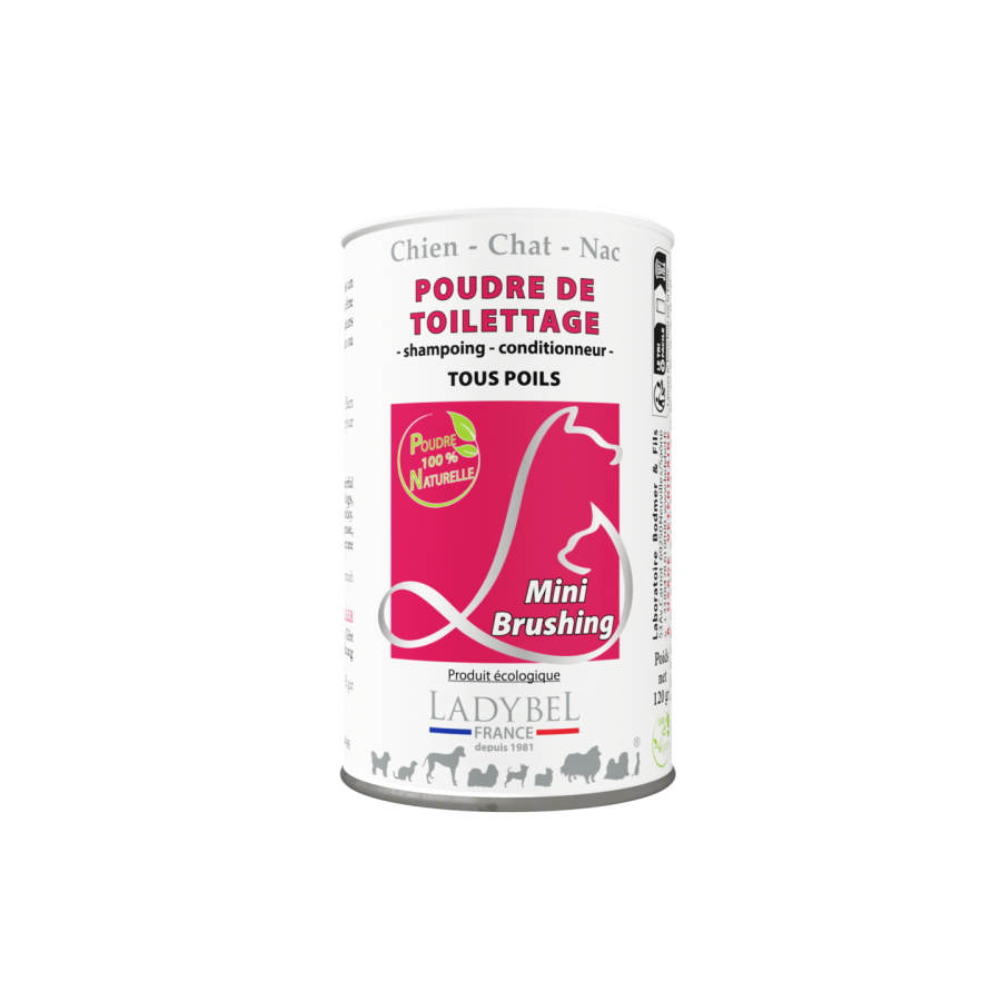 Shampoing sec en poudre Brushing Powder Ladybel en pot saupoudreur 120g pour chat et chien, nettoie et donne du volume sans eau