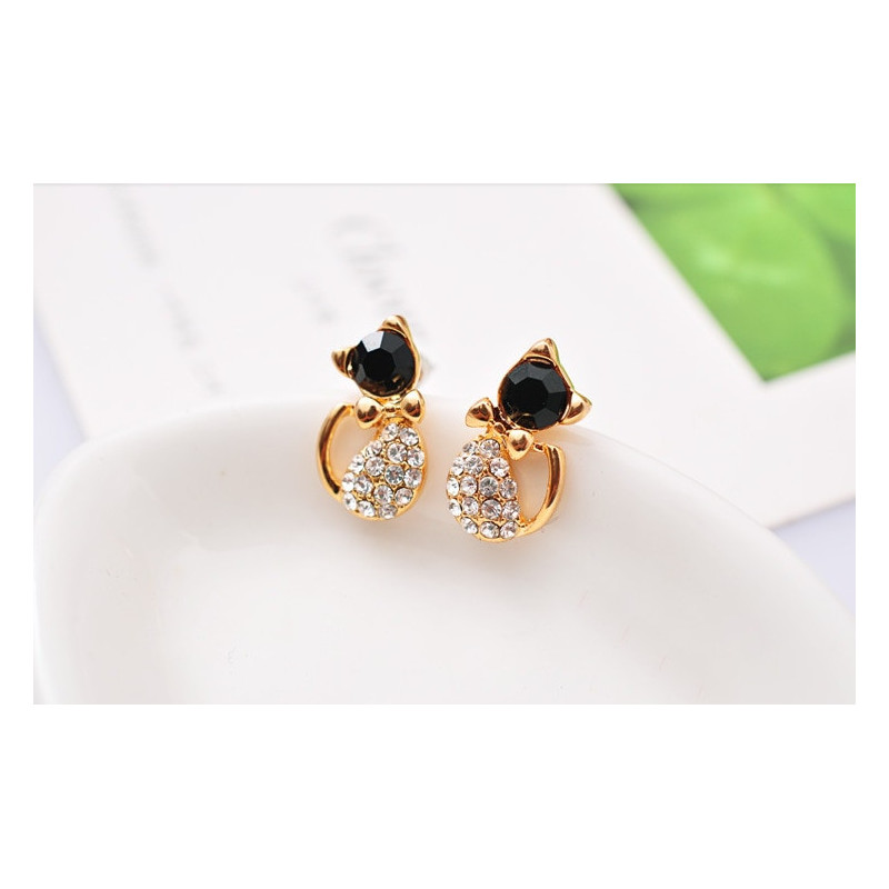 black rhinestone cat earring