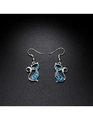 Boucles d'Oreilles Chat Strass Bleu