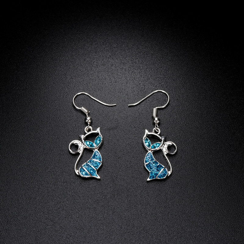 Boucles d'Oreilles Chat Strass Bleu