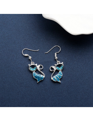 Boucles d'Oreilles Chat Strass Bleu