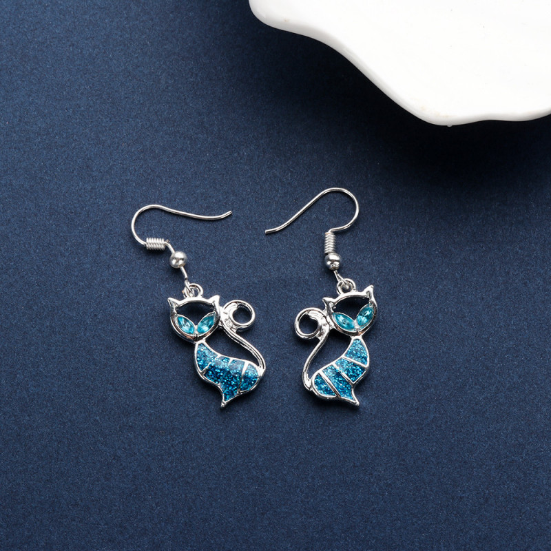 Boucles d'Oreilles Chat Strass Bleu