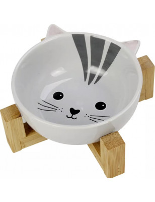 Ceramic cat bowl with wooden stand