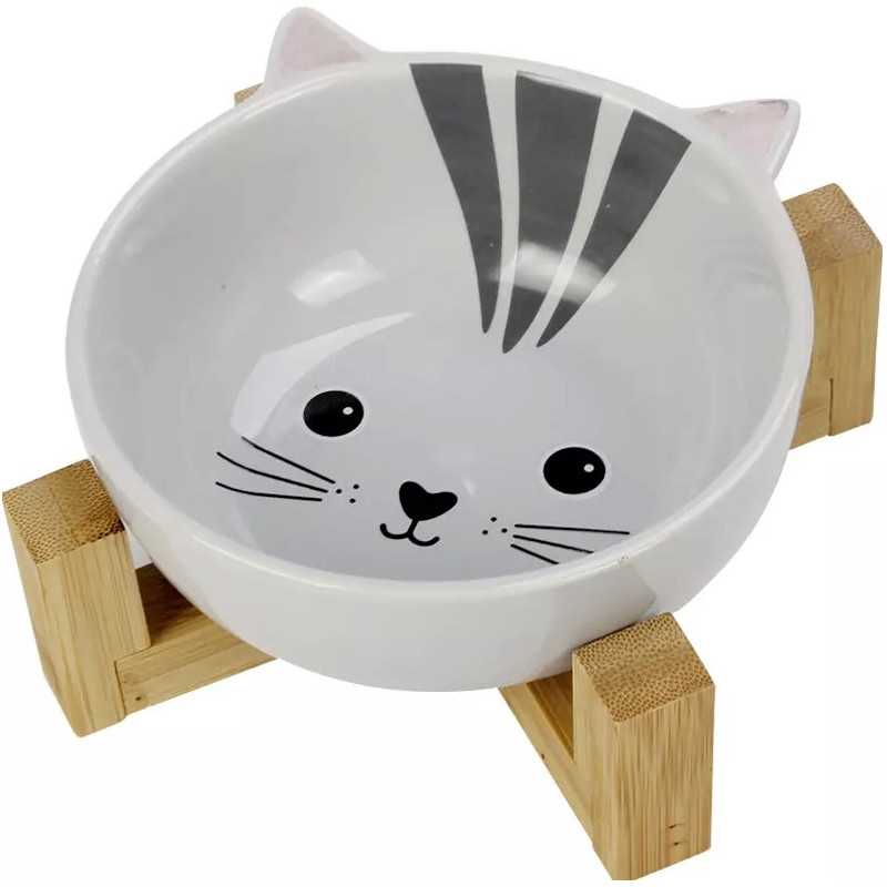 Comedero para gatos de cerámica con soporte de madera