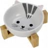 Ceramic cat bowl with wooden stand