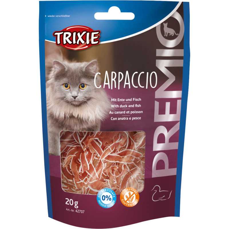 Sachet 20g de friandises carpaccio Trixie pour chat en fines tranches au canard 65% et poisson 20% riches en protéines