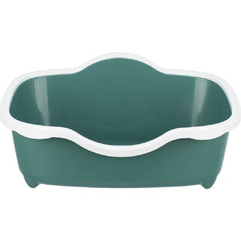 Bac à litière ouvert Davio Trixie pour chat de couleur vert et blanc avec rebord très haut anti-projections en plastique